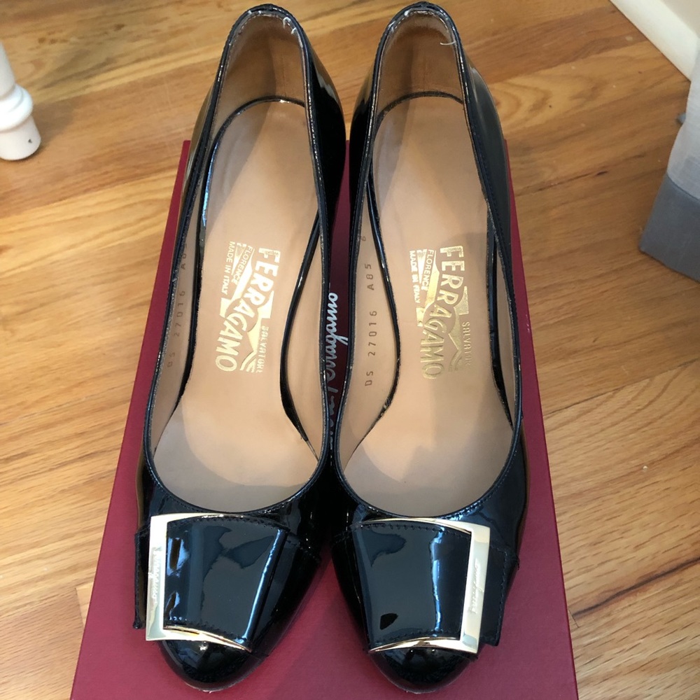 Ferragamo Black Patent Pumps w/ Gold Buckle